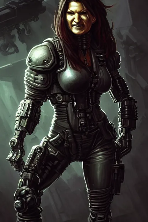 Prompt: gina carano as an ork with cybernetic left arm, casual black clothing, muscular, realistic proportions, casual pose, large portrait, sci - fi, shadowrun, rpg character, digital painting, artstation, concept art, smooth, 8 k frostbite 3 engine, ultra detailed, art by artgerm and greg rutkowski and magali villeneuve
