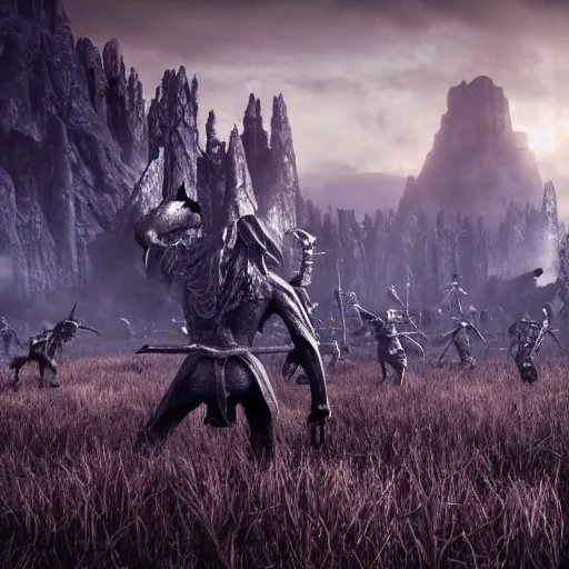 Prompt: A giant from skyrim fights an army of skeletons in an open field, with the kingdom in the background, detailed, elegant, intricate, conceptual, volumetric light,