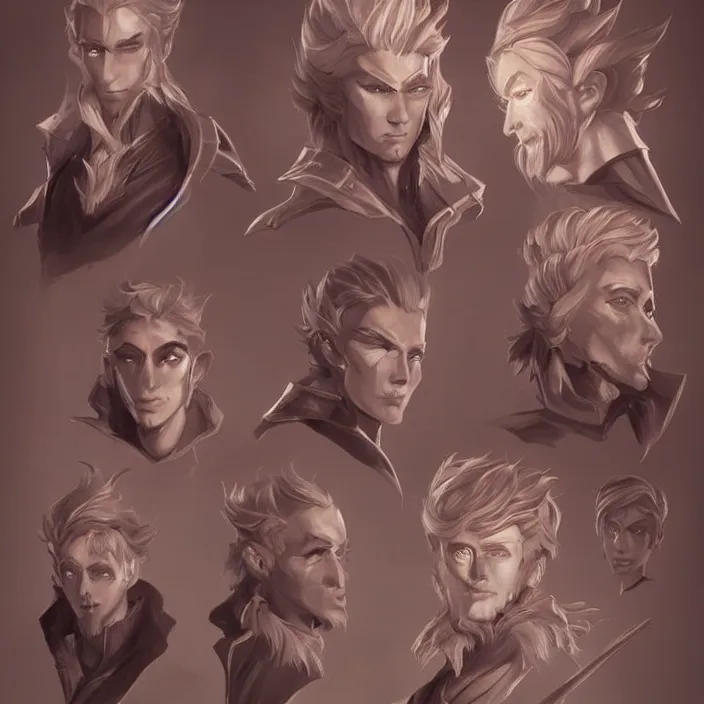 Prompt: concept art of young male wizard d & d video game characters head designs, unique hair designs, by marc brunet and artgerm