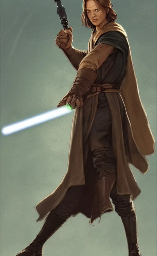 Image similar to a bittersweet depiction of the character as a jedi, with a characteristic item of clothing, using a medieval european style lightsaber, featuring a limited color palette by doug chiang