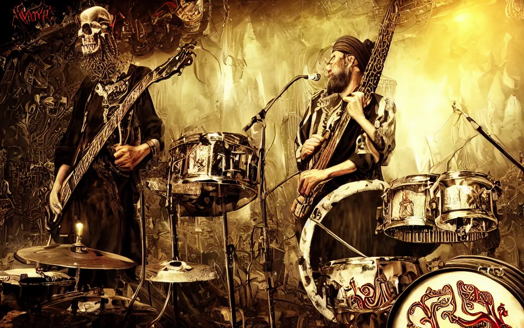 Image similar to khamenei playing drums in heavy metal band in hell hanged, corded, bodies hanged in horizon, skulls around, high definition, trending on artstation, unreal engine, photorealistic, high resolution,, trending on deviantart, hdr, hyper detailed, insane details, intricate, elite, ornate, elegant, luxury, dramatic lighting