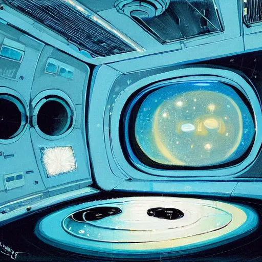 Image similar to Cozy interior of a space station in space, teal lighting, cozy lighting, space seen outside from a window, by Syd Mead, John Harris, Federico Pelat