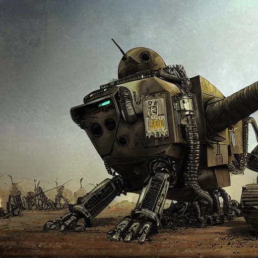 Prompt: diesel punk robot war machines from a diesel punk dark gritty version of the battle of the Somme