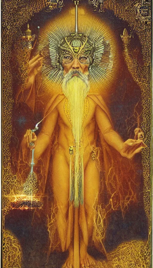 Image similar to the emperor, tarot design, taurus, mars energy, ankh scepter in his hand, wisdom, long white beard, agostino arrivabene