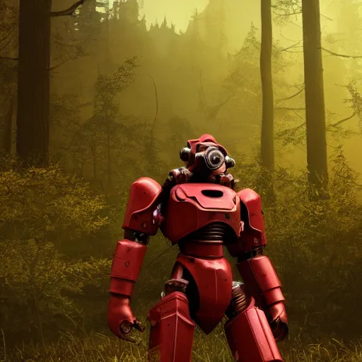 Image similar to Power armor from the company core-cola, red color, stands against the background of a radioactive forest, graphics, fallout 4 render, 3d computer render, maximum details, rain, night, spotlight,