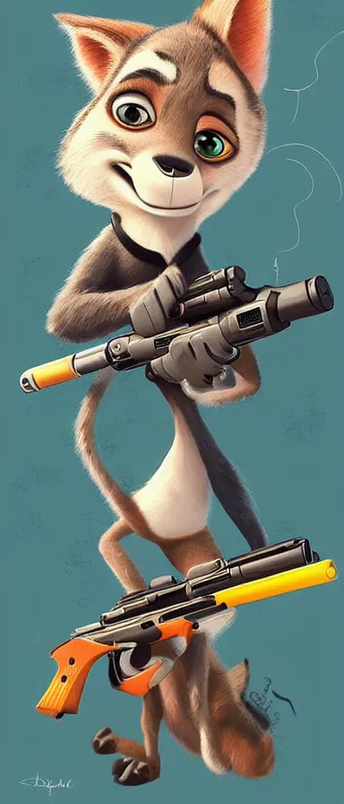 Image similar to “ animal character in the style of zootopia holding laser gun, floating alone, with a black dark background, digital art, award winning, trending on art station ”