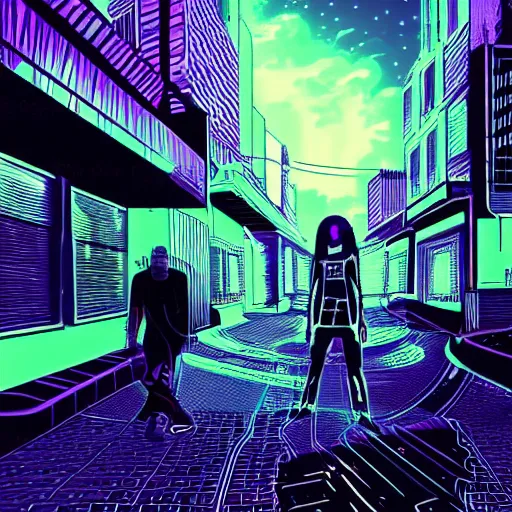 Prompt: a glitchcore punk in black vinyl, in a future sci-fi neon street at night