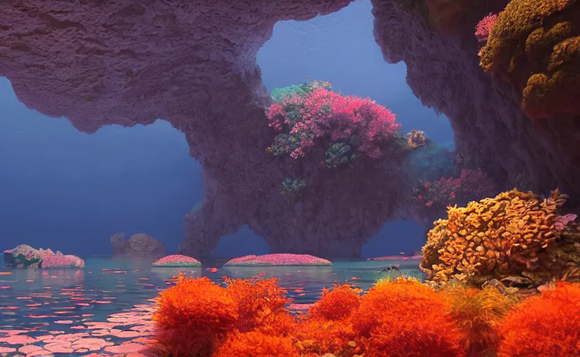 Prompt: a cave lake with some big orange fish inside, studio ghibli, pixar style, octane render, unreal engine 5, path traced, highly detailed, high quality, 8 k, soft lighting, godrays, complementary colors, natural lighting, water parallax, serene landscape, beautiful, elegant, digital painting