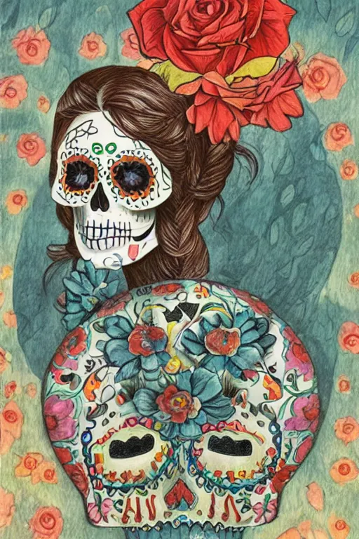 Prompt: Illustration of a sugar skull day of the dead girl, art by david wiesner