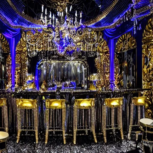 Prompt: professional nightclub photo, a giant crowd of realistic shiny reflective chrome skeletons covered in diamonds dancing wildly and sensually, inside a black and gold fancy high end highly themed rococo nightclub with fog and blue lasers