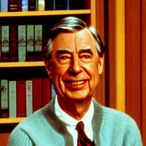 Prompt: mr. rogers in the backrooms fan game, in the style of old grainy vhs footage