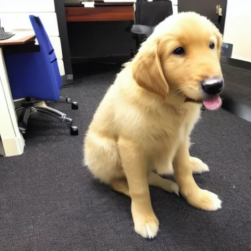 Image similar to golden retriever puppy working at a computer desk, office, in the style of the office, dwight schrute, michael scott, pam, tv sitcom camera style,