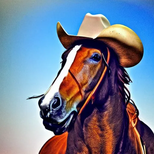 Prompt: cyborg horse with cowboy hat, portrait