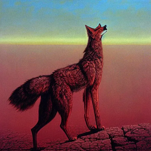 Image similar to a giant coyote stands over a city painting by beksinski, barlowe colors. masterpiece painting