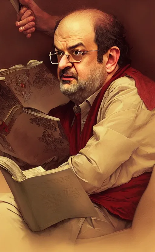 Image similar to portrait of salman rushdie reading, deep focus, d & d, fantasy, intricate, elegant, highly detailed, digital painting, artstation, concept art, matte, sharp focus, illustration, art by artgerm and greg rutkowski and alphonse mucha