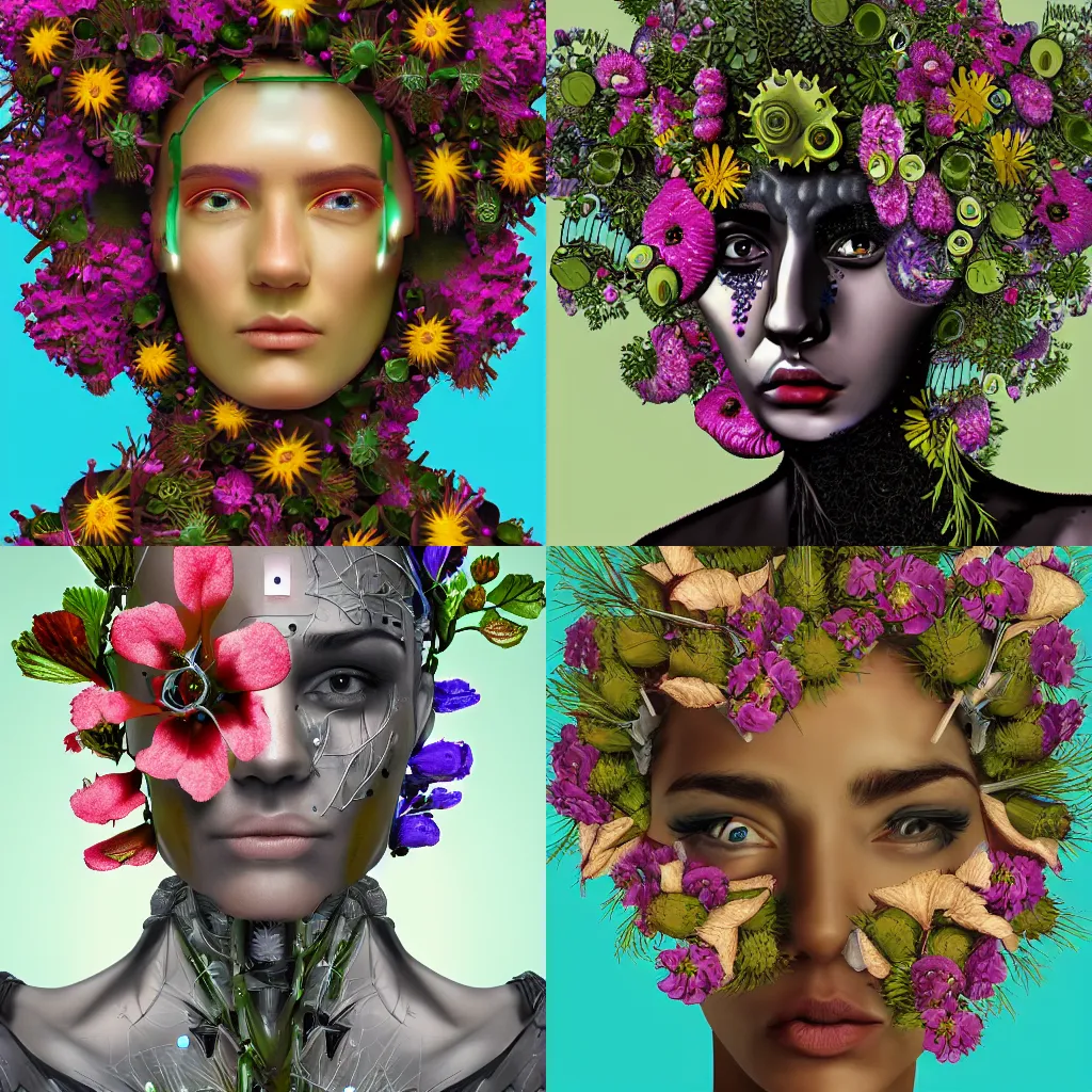 Prompt: close up portrait of a cyborg with flowers growing out of its head, digital art