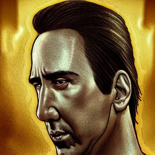 Image similar to nicholas cage as an anthropomorphic pickle, dark-hair, intricate, elegant, highly detailed, smooth, sharp focus, detailed face, high contrast, dramatic lighting, graphic novel, art by Ardian Syaf and Michael Choi