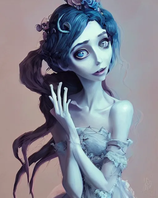 Image similar to elegant mysterious solemn zombie victoria everglot from the corpse bride, portrait, illustration, rim light, top light, summer clear blue sky, perfectly shaded, soft painting, art by krenz cushart and wenjun lin