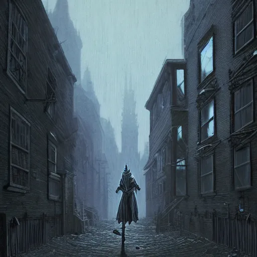 Prompt: bloodborne alleyway in the style of zdzisław beksiński