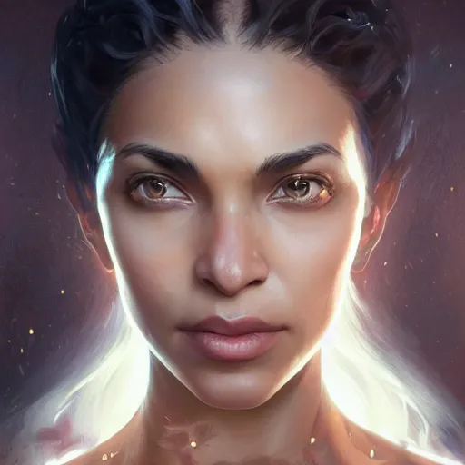 Image similar to beautiful, very strong, mixed race, female, aged 4 0, face, no makeup, head shot, fantasy, highly detailed, digital painting, artstation, concept art, sharp focus, illustration, art by artgerm and greg rutkowski and alphonse mucha