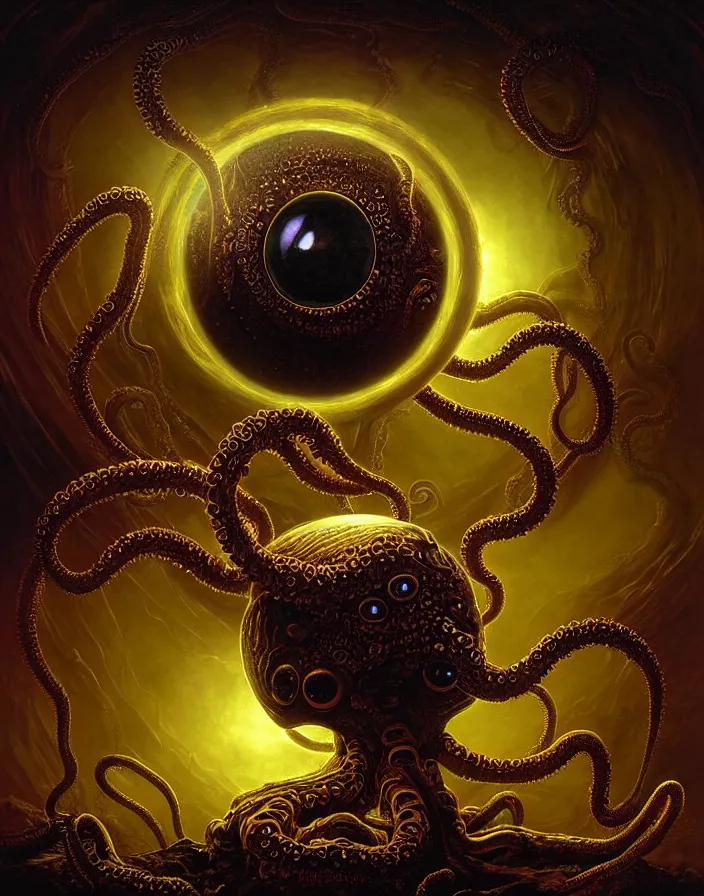 Image similar to a detailed digital art of an alien creature with multiple eyes and tentacles emerges from a glowing orb in the center of a dark, foreign landscape,by Albert Bierstadt, Yohann Schepacz and Laurel Burch,style of grim dark, Kai Fine Art, chiaroscuro, dark academia, copper patina,detailed, ornate, maximalist, 8k, cinematic, compositing, post processing, award winning art,artstationHQ,artstationHD