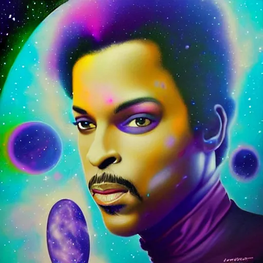 Prompt: a cosmic painting of prince in space. mindblowing colours, trending on artstation. highly detailed face.