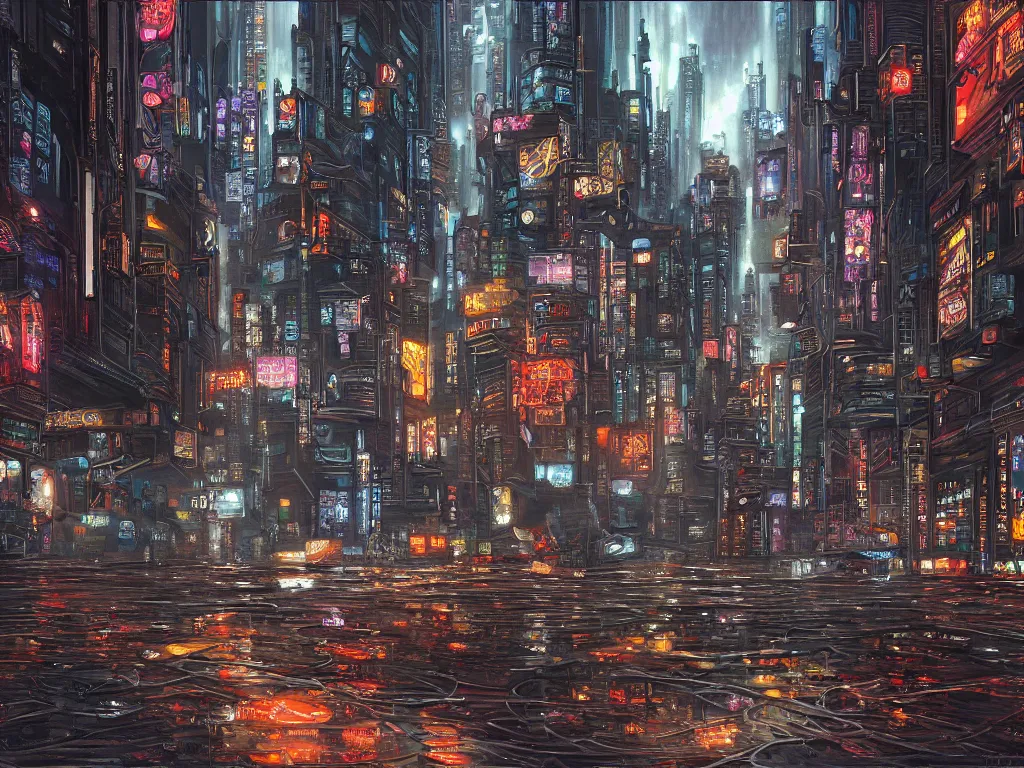 Image similar to hyperreaslitc and beautiful painting of a rushing and flowing heart of the city, gritty, smooth, fine detail, intricate, cyberpunk style, by hugh ferris and john smith
