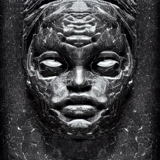 Image similar to a face carved of black marble blending into a black background. expressive eyes. symmetry. epic. ominous shapes. lighting from the bottom. trending on artstation