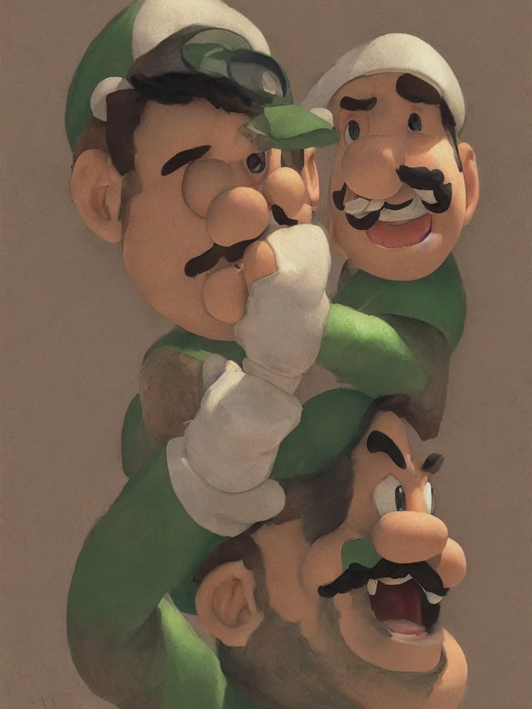 Prompt: realistic portrait of luigi from mario bros, by jean gireaud and hiroshi yoshida and craig mullins