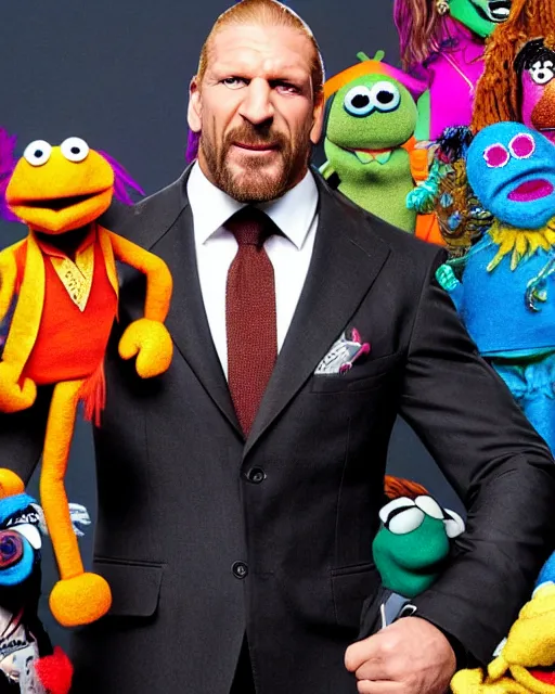 Image similar to triple h as a muppet. highly detailed felt. hyper real photo. 4 k.