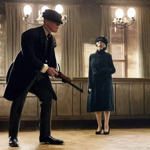 Image similar to Queen Elizabeth holds Tommy Shelby at gunpoint in an episode of Peaky Blinders