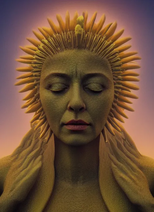 Image similar to CGI, HYPER REALISTIC VFX SIMULATION of THE QUEEN OF THE SUN BY ZDZISŁAW BEKSIŃSKI, HIGHLY INTRICATELY DETAILED 3D OCTANE RENDER