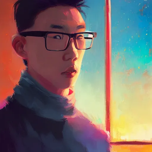 Prompt: asian man with glasses but not always, by anato finnstark, by alena aenami, by john harris, by ross tran, by wlop, by andreas rocha