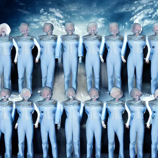Image similar to troop of grannies with white bob hairdos, tight light blue neopren pilot suits, futuristic cloning facility, sci - fi, highly detailed, cinematic