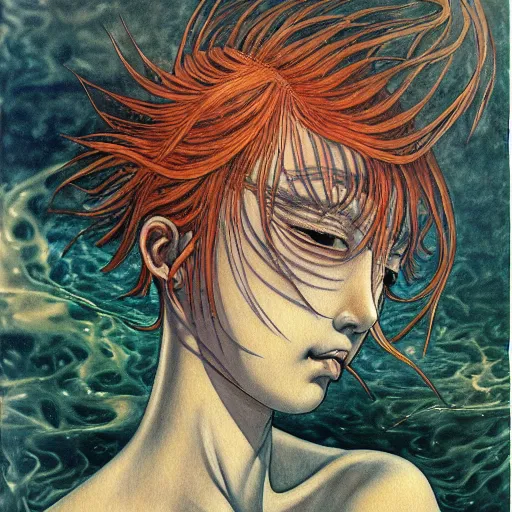 Image similar to prompt: Fragile looking vessel portrait face drawn by Katsuhiro Otomo, nymph in the water performing alchemy, intricate oil painting, soft dark light, intricate detail, intricate oil painting detail, sharp high detail, manga and anime 2000