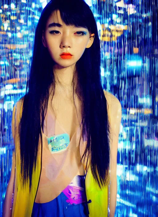 Image similar to a close-up risograph long shot of cyberpunk japanese glossy model girl with black eyes and pretty face wearing lots of transparent cellophane clothes and accessories, blue hour, twilight, cool, portrait, Kodachrome, ISO1200,