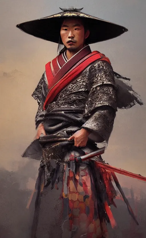 Prompt: portrait of a samurai man wearing multicolored robes, large straw hat, fantasy, highly detailed, cinematic lighting, digital art painting by greg rutkowski