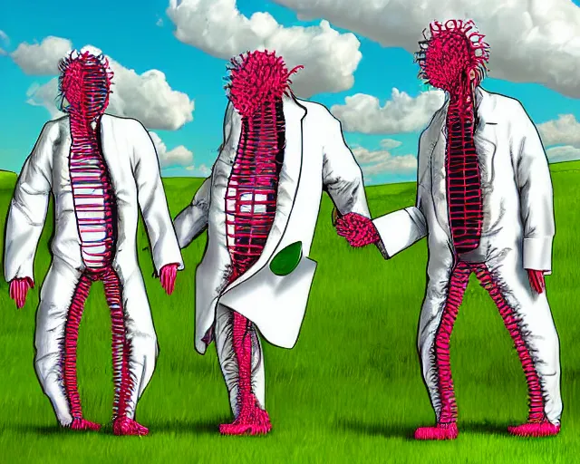 Image similar to in a field, two scientists in lab coats encounter a monster shaped like the DNA double helix, digital art