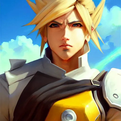 Image similar to Greg Manchess portrait painting o Cloud Strife as Overwatch character, medium shot, asymmetrical, profile picture, Organic Painting, sunny day, Matte Painting, bold shapes, hard edges, street art, trending on artstation, by Huang Guangjian and Gil Elvgren and Sachin Teng