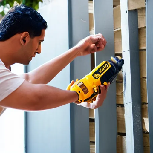 Prompt: young latino man using cordless power tool made by dewalt