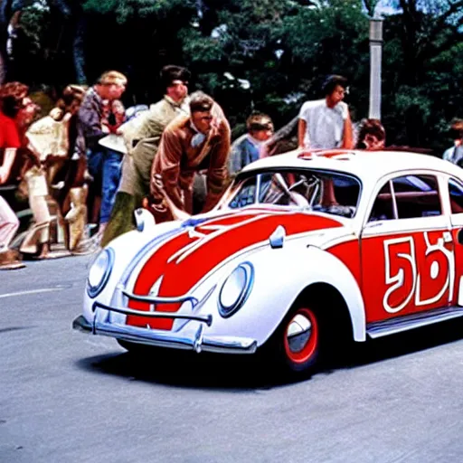 Prompt: promotion movie still of the car in'herbie the love bug'film ( 1 9 6 8 ). cinematic, 4 k, imax, 7 0 mm