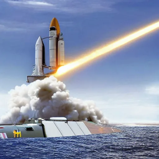 Image similar to a submarine launching a space shuttle from a missile bay, realistic photo, digital photo