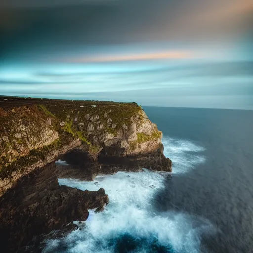 Prompt: micro - hurricane, blue hour, early night, deep blue atmosphere, overcast, low light, black and blue sky, sundown, scattered islands, sea, ocean, low pressure system, cloud with eye, very windy, late evening, distant hotel retreat on cliffside, shining lights on cliff side, polaroid photograph