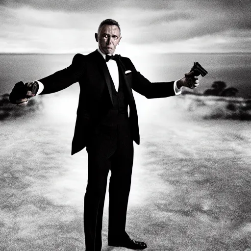 Prompt: George Cooney as James Bond, with pistol, cinematic photograph, dramatic background