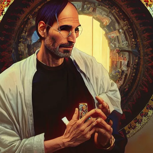Prompt: Portrait of steve jobs and tupac sitting in heaven and smoking weed, intricate, highly detailed, digital painting, artstation, concept art, smooth, sharp focus, art by artgerm and greg rutkowski and alphonse mucha