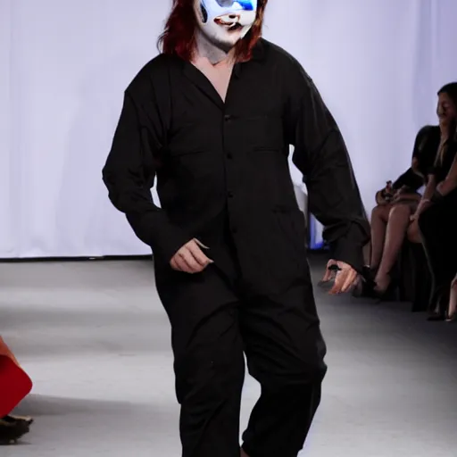 Prompt: Michael Myers walks the runway at a fashion show