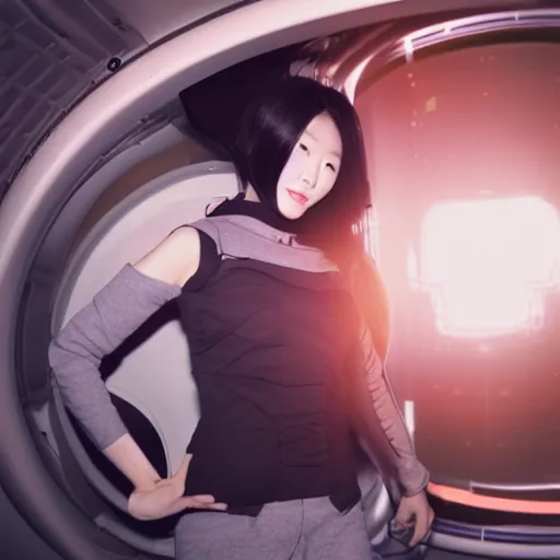 Image similar to a korean woman with long black hair and grey / black futuristic metallic clothing floating in zero - gravity in a spaceship with a white and blue futuristic interior. orange lighting, kodak film grain, expired film