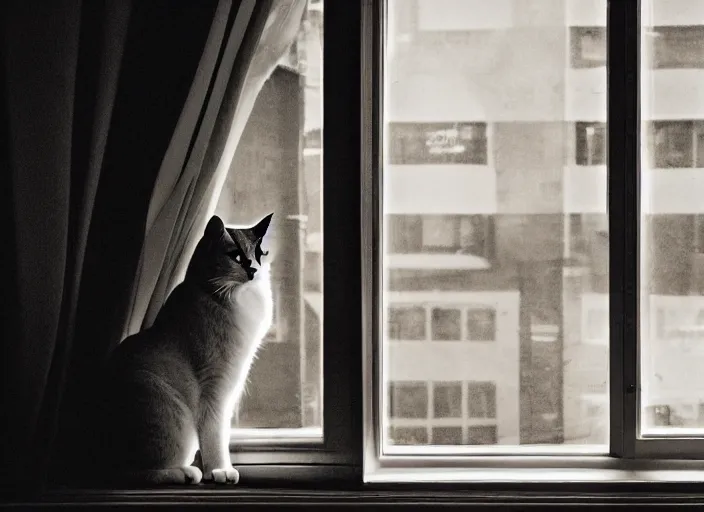 Image similar to photography of a Cat . watching outside the window. on a bed. in a 70's room full of vinyls and posters, photorealistic, award winning photo, 100mm, sharp, high res