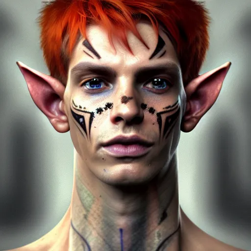 Image similar to portrait painting of an elven eladrin young man with short light orange hair and freckles and tribal tattoos on his cheekbones, ultra realistic, concept art, intricate details, eerie, highly detailed, photorealistic, octane render, 8 k, unreal engine. art by artgerm and greg rutkowski and charlie bowater and magali villeneuve and alphonse mucha