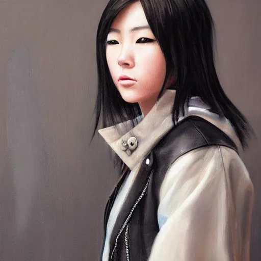 Image similar to perfect, realistic oil painting of close-up japanese young woman wearing leather jacket, in Neverwinter